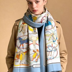 Replica qualità specchio Scialle reversibile Gucci velluto con stampa cavalli 140 Azzurro