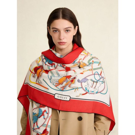 Alta gamma replica Scialle reversibile Gucci velluto con stampa cavalli 140 Rosso