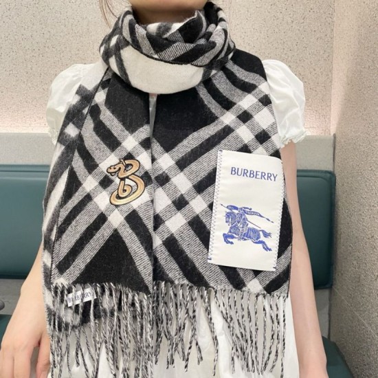 Sciarpa in cashmere con motivo check Burberry e orlo con nappe Nero/bianca 30 x 168