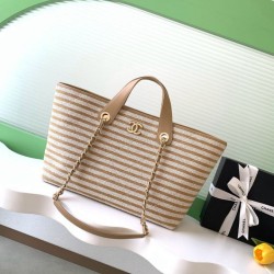 Replica qualità specchio Borsa shopping Tote Chanel Deauville AS6007 tela righe marrone