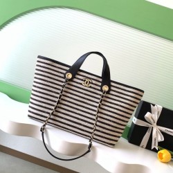 Replica qualità specchio Borsa shopping Tote Chanel Deauville AS6007 tela righe bianca/nero