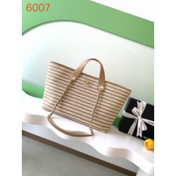 Borsa shopping Tote Chanel Deauville AS6007 tela righe marrone