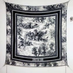 Replica qualità specchio Alta gamma replica Sciarpa quadrata twill di seta e cashmere Dior Toile de Jouy Sauvage Nero 140 x 140