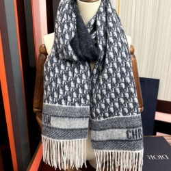 Replica qualità specchio Alta gamma replica Sciarpa frange Dior Oblique cashmere blu navy/écru 45 x 200 Blu