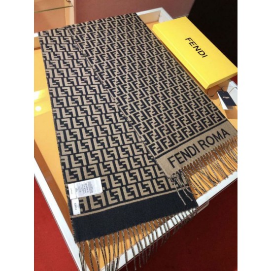 Sciarpa Fendi FF in misto lana e cashmere nera/marrone 32 x 200