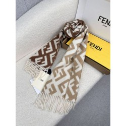 Sciarpa Fendi FF misto cashmere e lana marrone 35 x 180