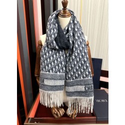 Alta gamma replica Sciarpa frange Dior Oblique cashmere blu navy/écru 45 x 200 Blu