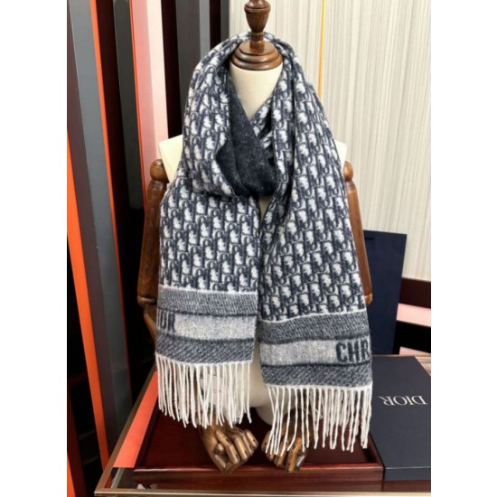 Alta gamma replica Sciarpa frange Dior Oblique cashmere blu navy/écru 45 x 200 Blu