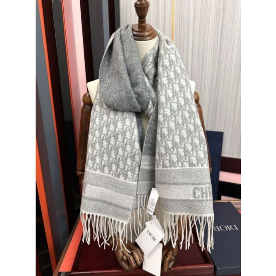 Alta gamma replica Sciarpa frange Dior Oblique cashmere blu navy/écru 45 x 200 grigio