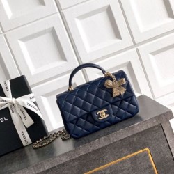 Replica qualità specchio Borsa Chanel Mini Classic Flap Bow 25K con manico superiore AS2431 Blu