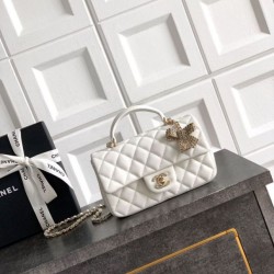 Replica qualità specchio Borsa Chanel Mini Classic Flap Bow 25K con manico superiore AS2431 bianca