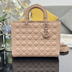 Replica qualità specchio Borsa a mano Dior Lady Dior grande opaca Cannage con patta Rosa