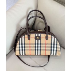 Borsa a mano Burberry Canvas Highlands Bowling, colore caffè scuro