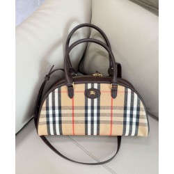 Borsa a mano Burberry Canvas Highlands Bowling, colore caffè scuro