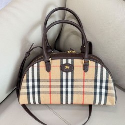 Cloni Borsa a mano Burberry Canvas Highlands Bowling, colore caffè scuro firmate