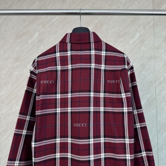 Replica di lusso Camicia Gucci a maniche lunghe con colletto jacquard scozzese Imitazioni Cloni Camicia Gucci a maniche lunghe con colletto jacquard scozzese firmate