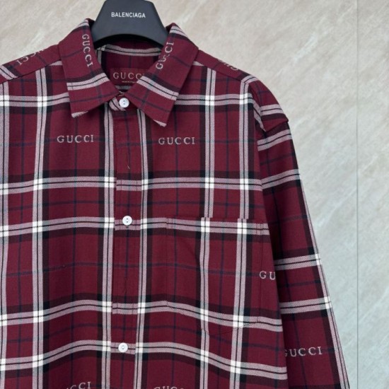 Replica di lusso Camicia Gucci a maniche lunghe con colletto jacquard scozzese Imitazioni Cloni Camicia Gucci a maniche lunghe con colletto jacquard scozzese firmate