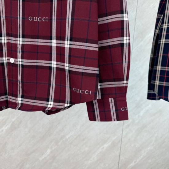 Replica di lusso Camicia Gucci a maniche lunghe con colletto jacquard scozzese Imitazioni Cloni Camicia Gucci a maniche lunghe con colletto jacquard scozzese firmate