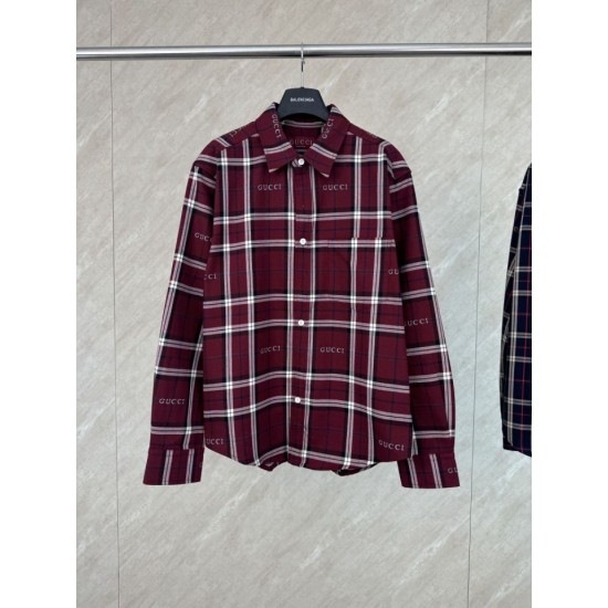 Replica di lusso Camicia Gucci a maniche lunghe con colletto jacquard scozzese Imitazioni Cloni Camicia Gucci a maniche lunghe con colletto jacquard scozzese firmate