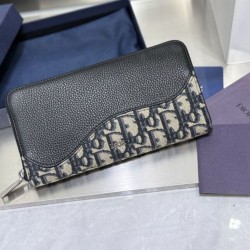 Cloni Qualità superiore replica Portafoglio lungo con cerniera Dior Saddle jacquard Oblique Dior beige/nero firmate