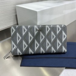 Cloni Alta gamma replica Portafoglio lungo con cerniera Dior in tela rivestita di diamanti grigio firmate
