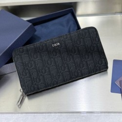 Cloni Pari all'originale replica Dettagli perfetti Portafoglio lungo con cerniera Dior jacquard obliquo nero firmate