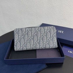 Cloni Alta gamma replica Portafoglio lungo con zip Dior Saddle tela jacquard Oblique grigia firmate