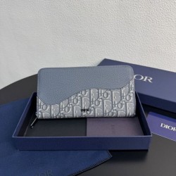 Cloni Alta gamma replica Portafoglio lungo con zip Dior Saddle tela jacquard Oblique grigia firmate
