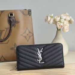 Cloni Pari all'originale replica Dettagli perfetti Portafoglio YSL Saint Laurent Monogram Continental con cerniera Nero Argento firmate