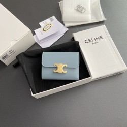 Cloni Qualità superiore replica Portafoglio compatto Celine con portamonete Triomphe Blu firmate
