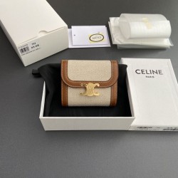 Cloni Alta gamma replica Portafoglio piccolo Celine con patta pelle di vitello con motivo Triomphe Marrone firmate