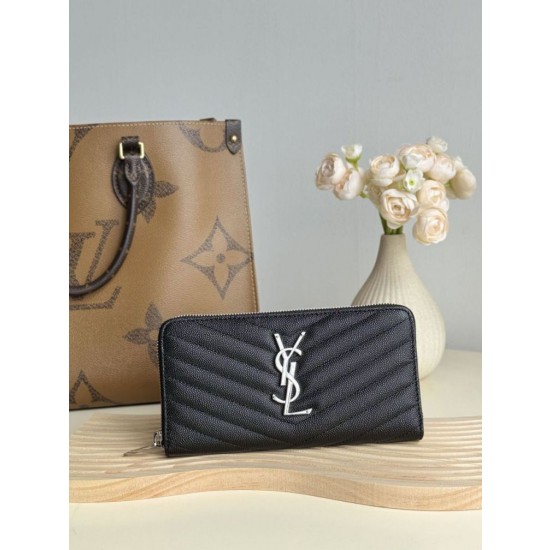 Pari all'originale replica Dettagli perfetti Portafoglio YSL Saint Laurent Monogram Continental con cerniera Nero Argento