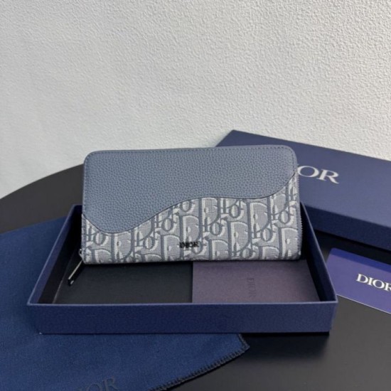 Alta gamma replica Portafoglio lungo con zip Dior Saddle tela jacquard Oblique grigia