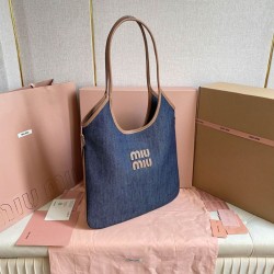 Replica di lusso Borsa a tracolla Miu Miu Ivy denim con finiture pelle 5BG231 Blu Imitazioni Cloni Borsa a tracolla Miu Miu Ivy denim con finiture pelle 5BG231 Blu firmate