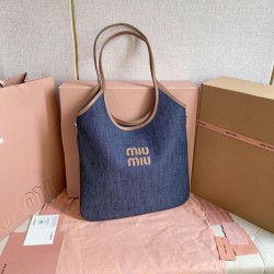 Cloni Borsa a tracolla Miu Miu Ivy denim con finiture pelle 5BG231 Blu firmate