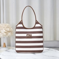 Cloni Borsa a tracolla Miu Miu Ivy tela a righe e pelle 5BG231 caffè chiaro firmate