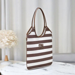 Borsa a tracolla Miu Miu Ivy tela a righe e pelle 5BG231 caffè chiaro