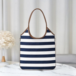 Imitazioni borse griffate tote tela Ivy di Miu Miu 5BG231 blu navy con righe bianche 