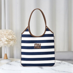 Imitazioni borse griffate tote tela Ivy di Miu Miu 5BG231 blu navy con righe bianche 