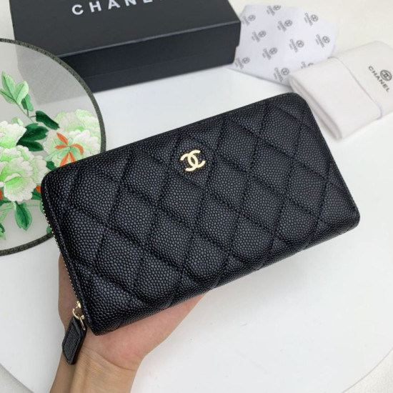Portafoglio grande Chanel Caviar trapuntato con soffietto e cerniera nero Portafoglio grande Chanel Caviar trapuntato con soffietto e cerniera nero
