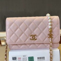 Cloni Qualità da grande replica Portafoglio Chanel trapuntato in caviale perlato con catena Woc Rosa firmate