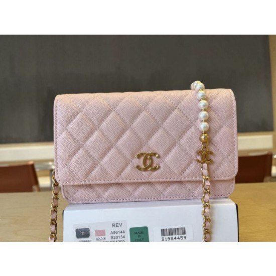 Qualità da grande replica Portafoglio Chanel trapuntato in caviale perlato con catena Woc Rosa