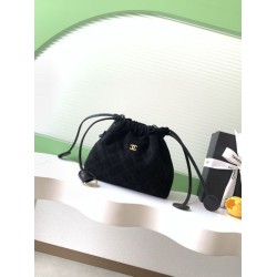 Borsa a secchiello/hobo Chanel trapuntata con coulisse scamosciata AS5227 Nero