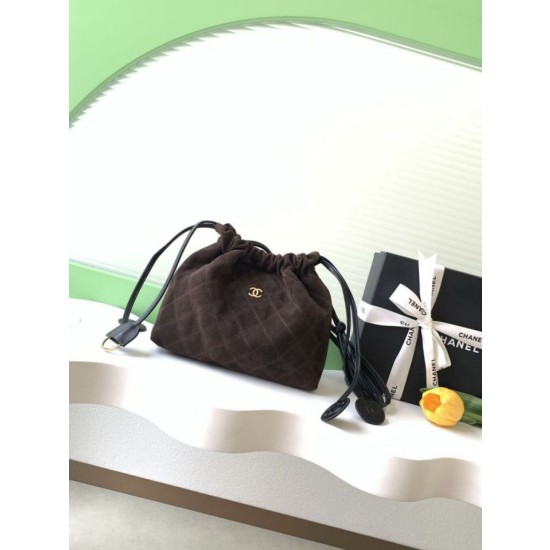 Imitazioni borse griffate a secchiello/hobo Chanel trapuntata con coulisse scamosciata AS5227 Caffè