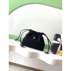 Borsa a secchiello/hobo Chanel trapuntata con coulisse scamosciata AS5227 Nero