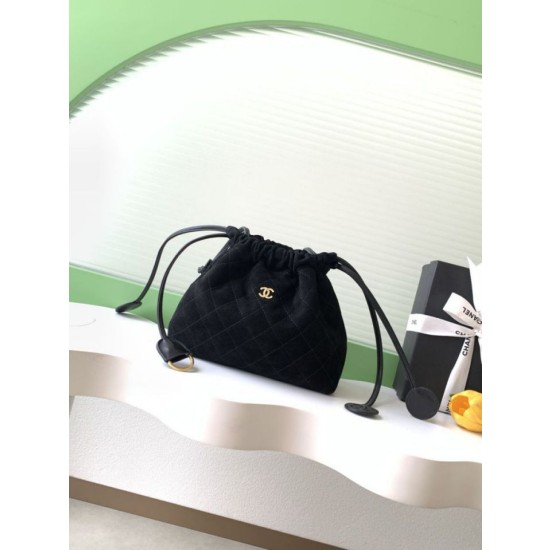 Borsa a secchiello/hobo Chanel trapuntata con coulisse scamosciata AS5227 Nero