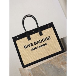 Borsa tote YSL Saint Laurent Rive Gauche Rafia ricamata Nero