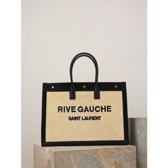 Borsa tote YSL Saint Laurent Rive Gauche Rafia ricamata Nero