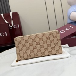 Cloni Qualità superiore replica Portafoglio lungo Gucci 876434 con cerniera tela GG marrone firmate