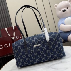 Borse Firmate Replica Gucci Melrose Boston media denim GG blu scuro